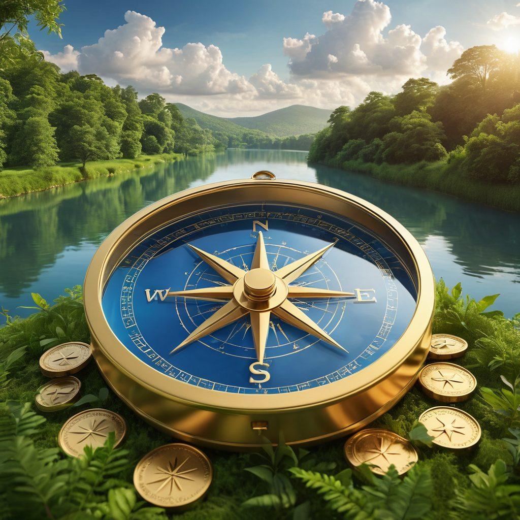 A visually engaging compass crafted from gold coins, symbolizing financial navigation, surrounded by a serene landscape of lush greenery and a sparkling river representing wealth and growth. Include subtle icons of saving jars, stock charts, and investment plans integrated into the scene. The sky should be a bright blue with white fluffy clouds, evoking a sense of optimism. vibrant colors. super-realistic.