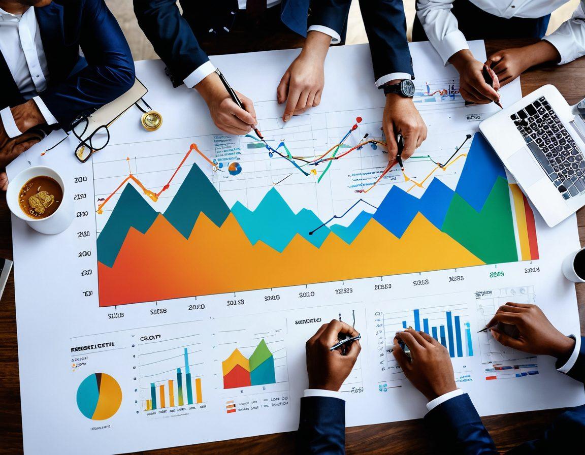 A visually striking composition featuring a diverse group of people engaged in various financial activities, such as budgeting, investing in stocks, and discussing strategies over a table filled with charts and graphs. Incorporate symbols of wealth like gold coins and growth arrows. The background should subtly blend urban and serene landscapes, symbolizing the balance of smart spending and investing. Use vibrant colors and a modern, sleek design to communicate energy and progress. super-realistic. vibrant colors. 3D.