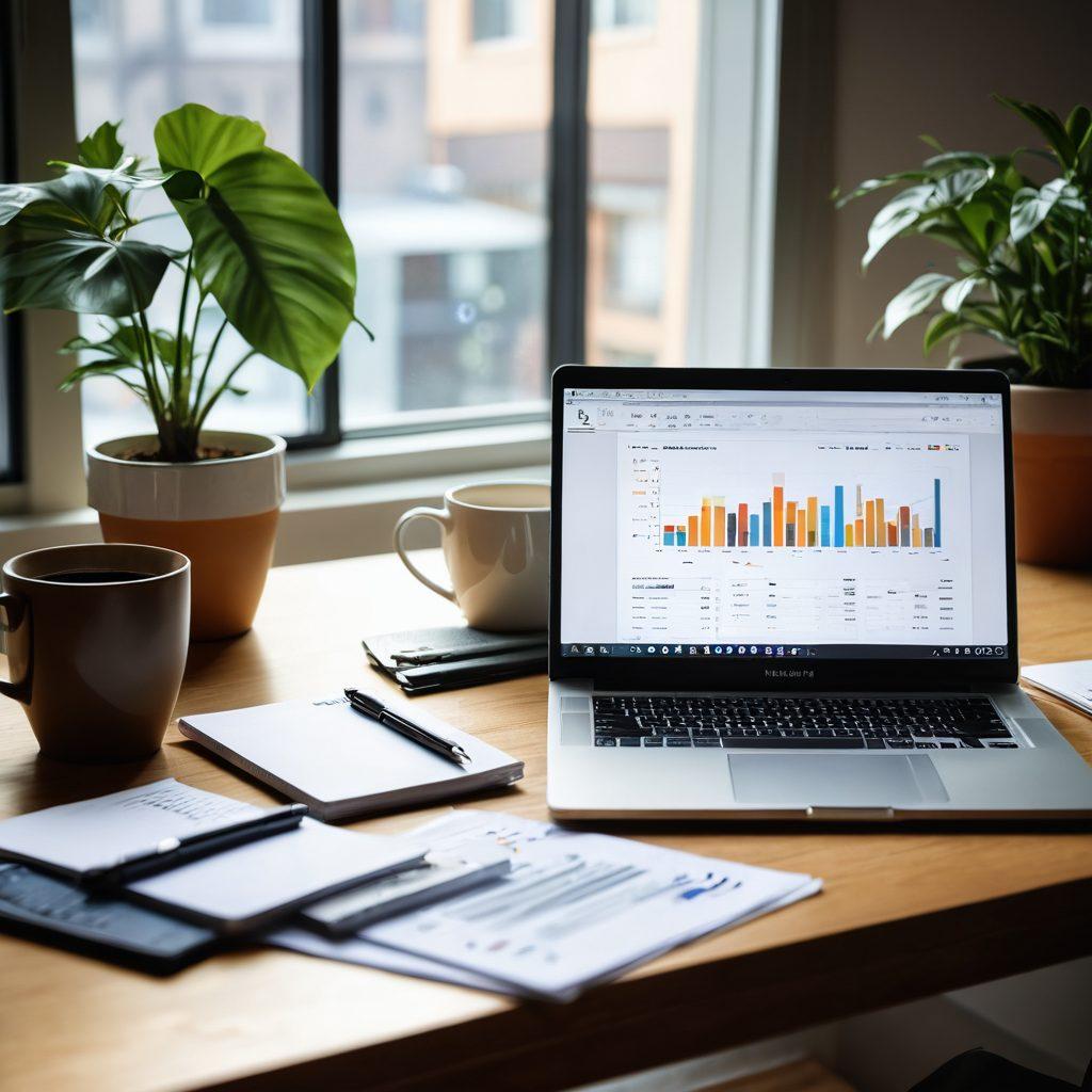A sleek modern workspace with a laptop displaying financial graphs and charts, alongside a notepad with budgeting notes, a potted plant for freshness, and a steaming cup of coffee. Soft natural light streaming in through a window creates an inviting atmosphere. The overall theme conveys productivity and financial mastery. super-realistic. vibrant colors. warm tones.